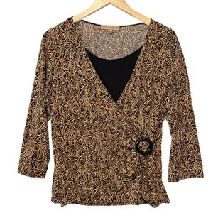 Notations Women's Black Orange Swirl Print Faux Wrap Blouse Size‎ L